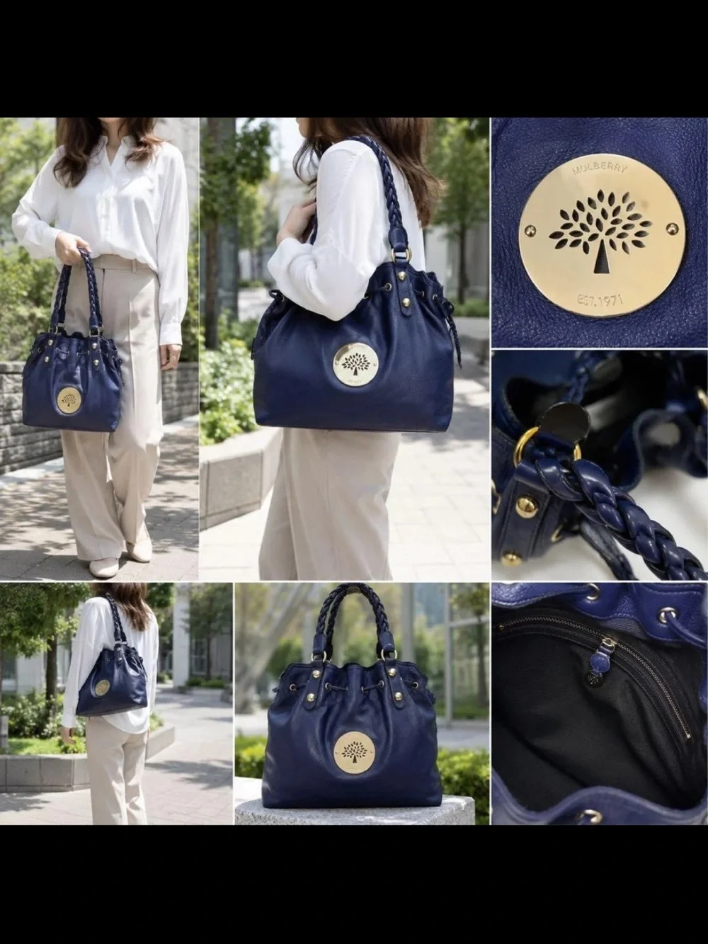 Mulberry Navy Leather Braided Handle Tote Bag